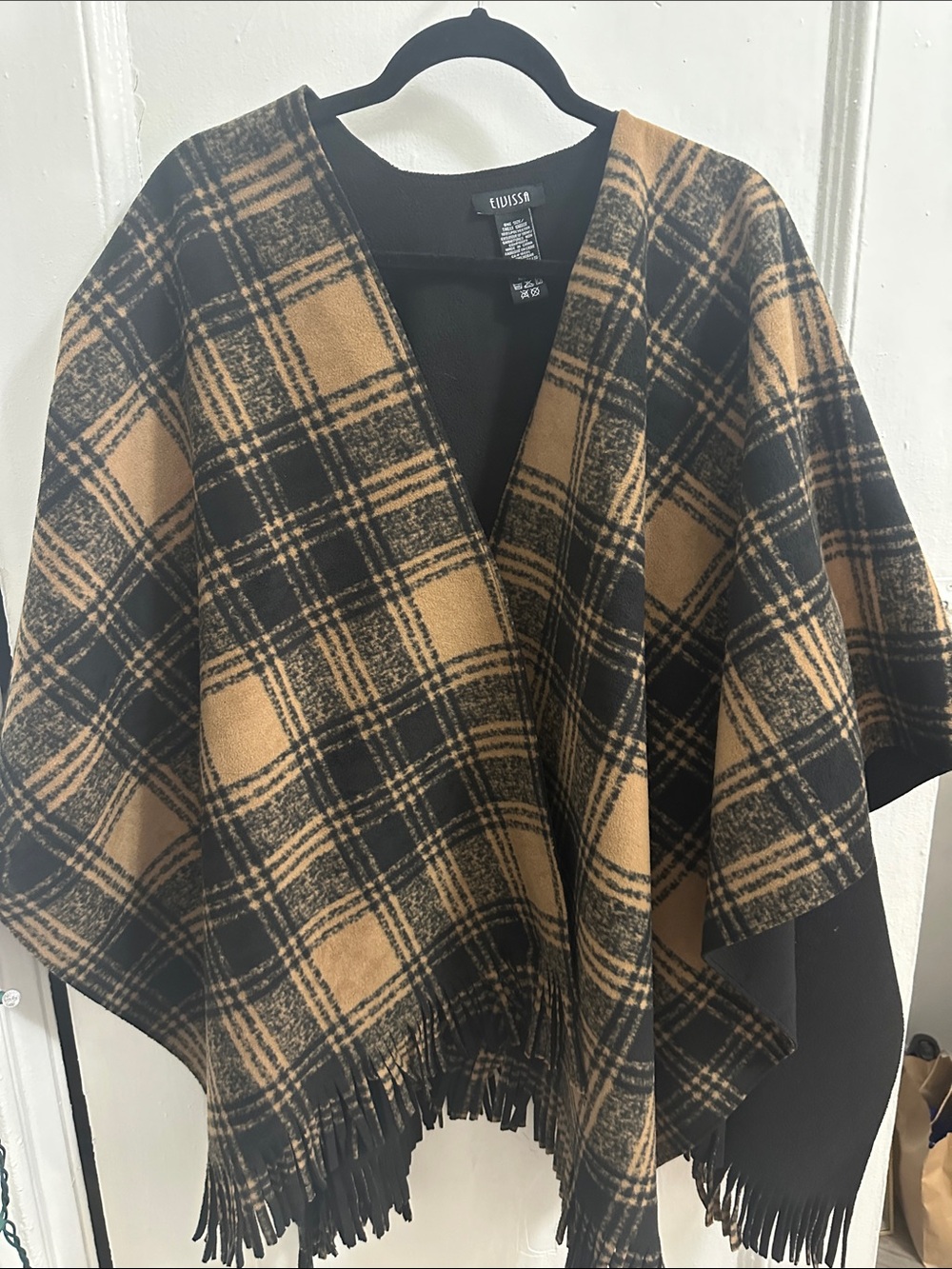 Black and Camel Plaid Fringe Cape